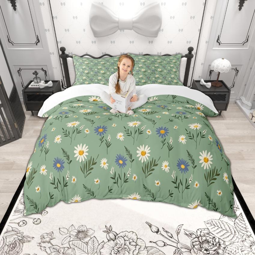 Homewish Colorful Floral Duvet Cover Set For Girls 2Pcs/3Pcs Cute Daisy Strawberry Bedding Cherry Flower Checkered Bed Set