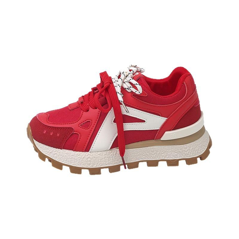 Red Thin German Training Shoes Women's Inner Height Increase of 6cm Spring and Autumn Thick Sole Versatile Small Trend Sports and Leisure Shoes