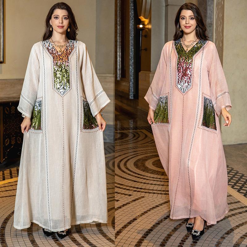 Dubai Sequin Embellished Jalabiya - Eid Muslim Women's Long Robe