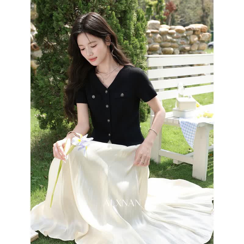 Faux Two-Piece Black Apricot Long Dress M