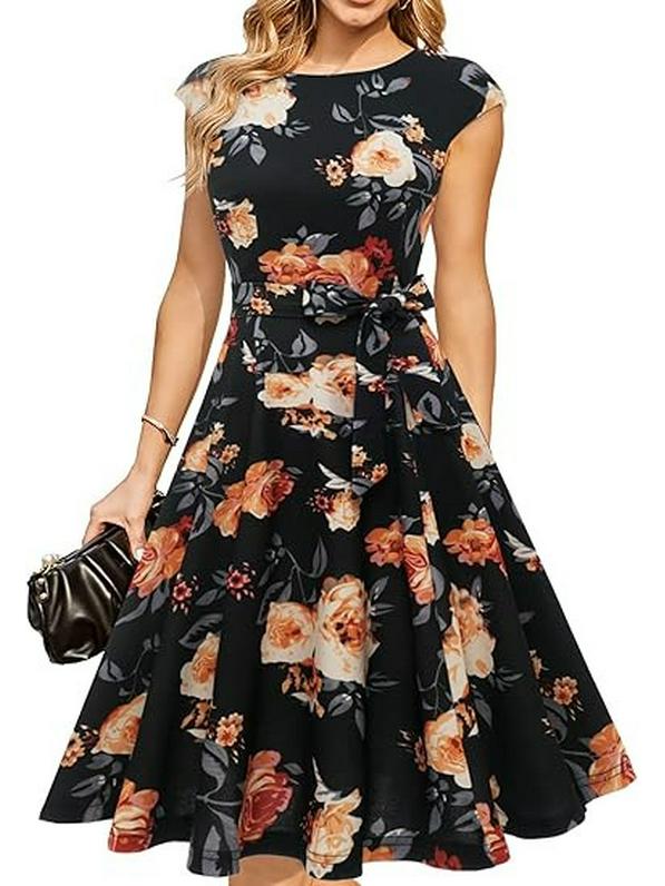 

2026 Summer Elegant Sleeveless Lace-up Waist-Cinching Printed Dress Small