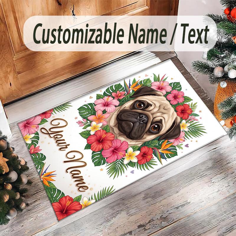 Pug Theme Crystal Velvet Floor Rug Personalized Custom Name Text Warm Carpet Home Decoration