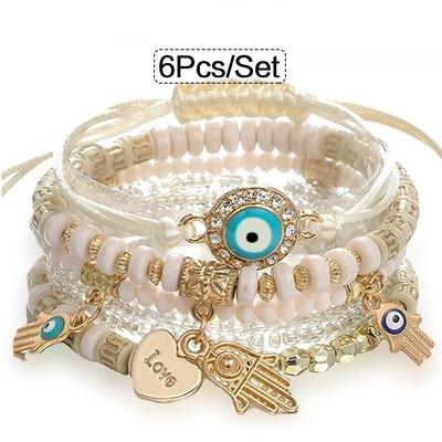 6ks/sada Boho Style Evil Eye náramek Strečové korálkové náramky s vícevrstvým designem Ručně vyráběné s křišťálovými korálky Lucky Perfect