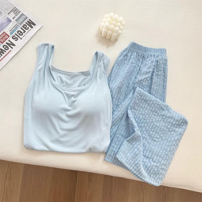 Women's Summer Padded Strappy Camisole and Pants Pajama Set - Imitation Cotton Cloud Lapel