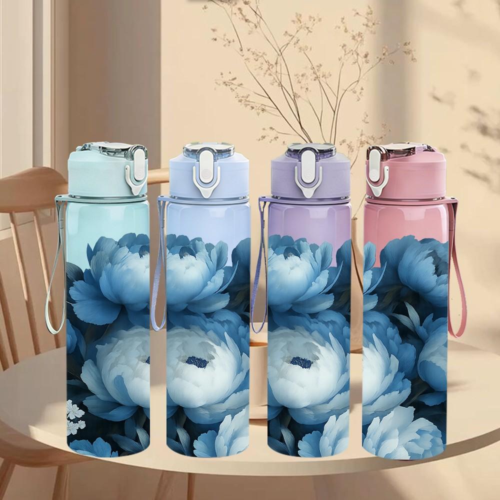 1PC Deep Blue Peony Rose Flower Print 750ml Color Plastic Sports Water Bottle Leakproof Flip Straw Lid Suitable for Sports Office Home Use