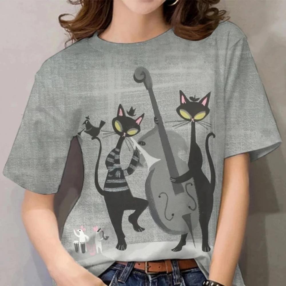Abstract Cat Sketch 3D Digital Printing Women's Comfortable Round Neck Short Sleeve T-shirt