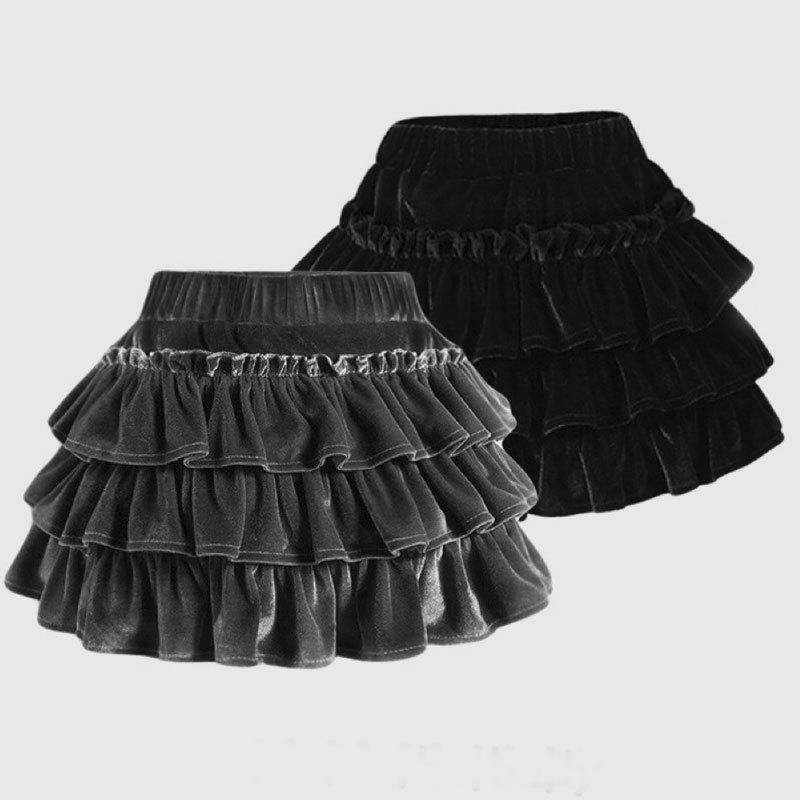 Girls' Black Velvet Layered Puffy Skort - Princess Style, Anti-Exposure, Spring/Autumn Korean Edition