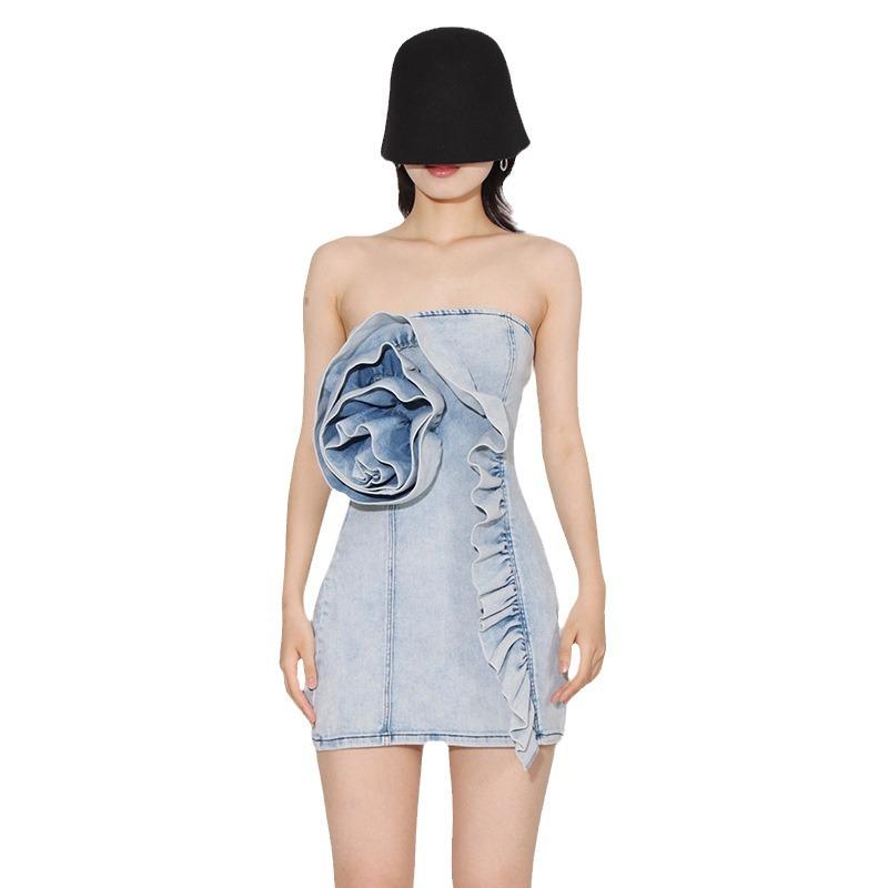 2025 Spring Trend: Sexy Short Denim Dress with Tube Top & Ruffled Floral Design