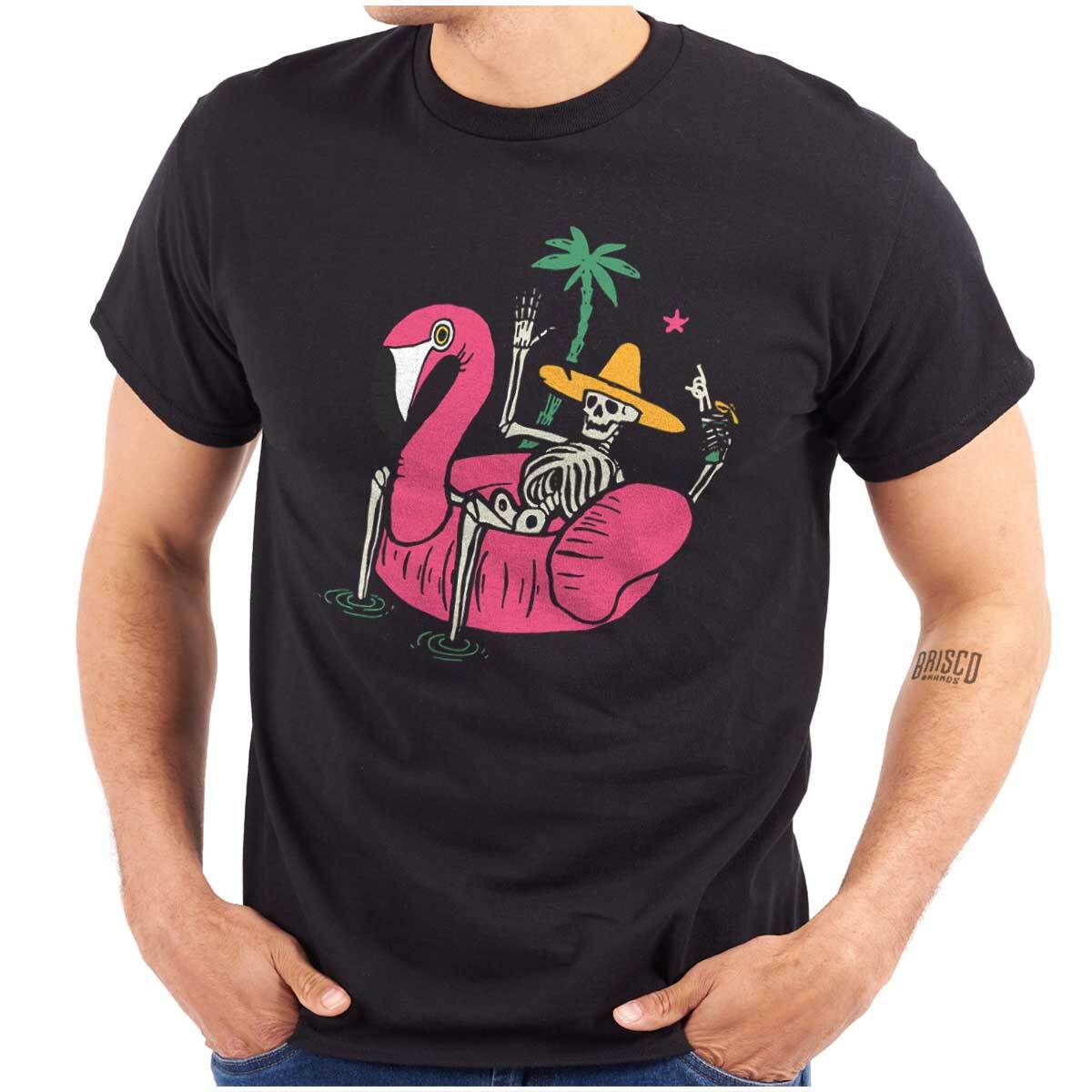 Funny Vacation Skeleton Flamingo Floatie Womens or Mens Crewneck T Shirt Tee S разноцветный