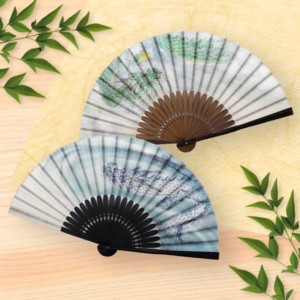 Stylish Business Fan Set with Fan Pouch and Handkerchief Dragon Cloud [Osaka Choseido] Men's - (Blue Dragon)