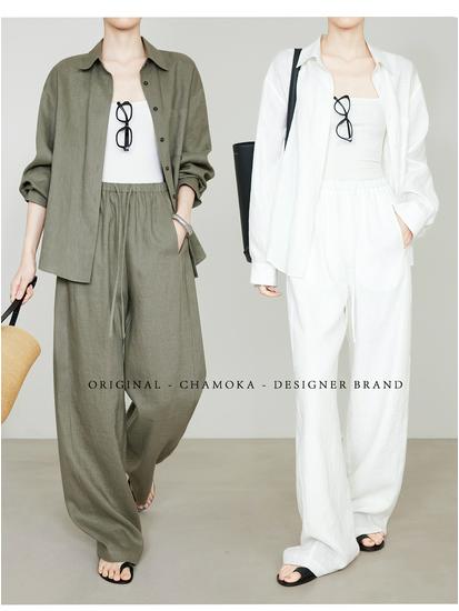 Women's White Straight-Leg Linen Pants, Elastic Waist, Spring/Summer Old Money Style, Extended Length.
