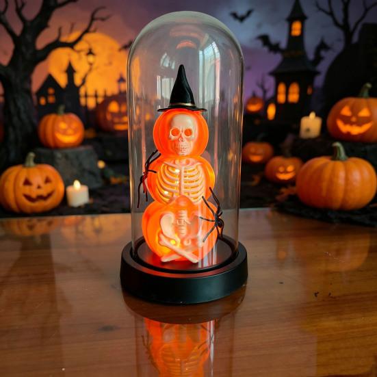 Yousheng Halloween Decoration, Lighted Skeleton in Clear Dome Cloche with Warm Glow, Battery Operated Skull Lamp with Witch Hat for Tabletop Mantel