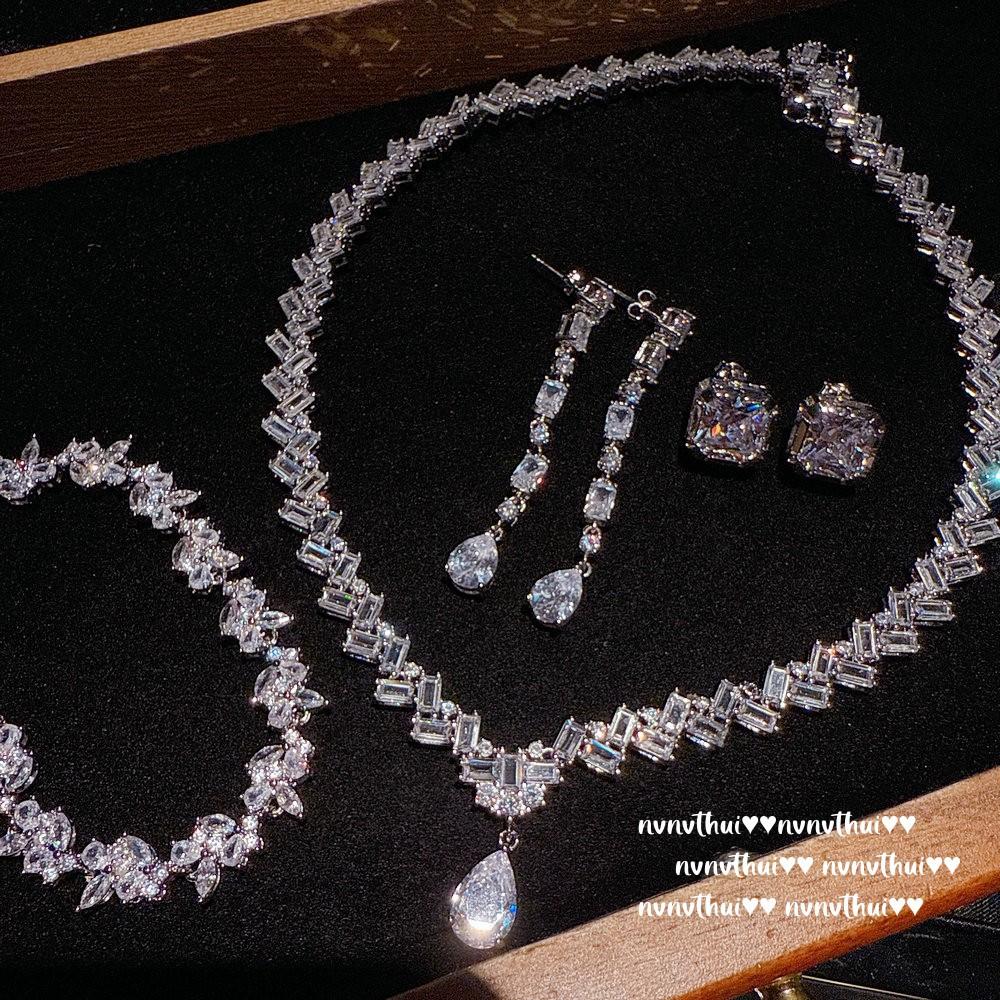 Italian Retro Wheat Ear Water Drop Gem Necklace, Sparkling, Bright Petal Zircon Bracelet, Set