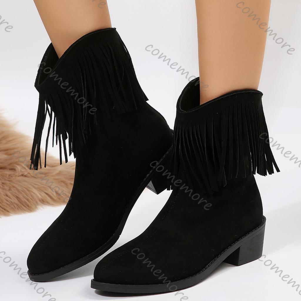 Fashion Comemore Suede Black Brown Tassels Western Knight Boots Women Autumn Winter Thick Middle Heel Cowboy Botas Fashion Women's Shoes
