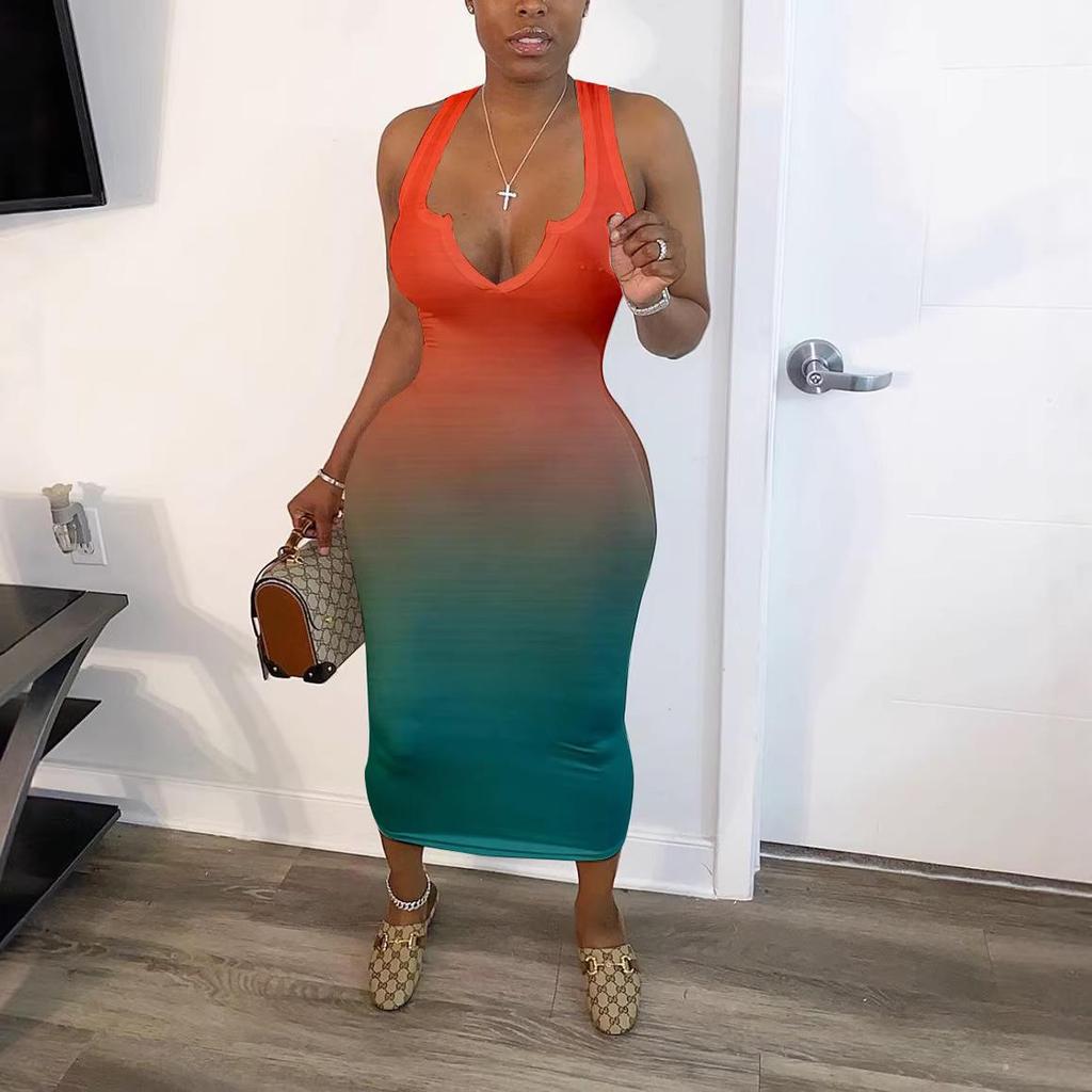 Sexy Gradient V-neck Bodycon Midi Dress - Elegant European & American Style Women's Clothing