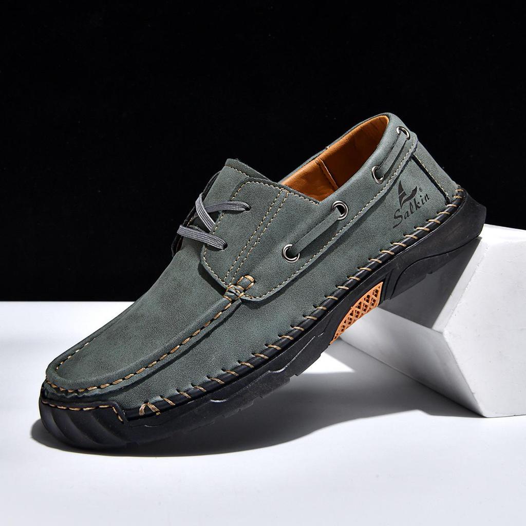 2026 Plus Size Men's Leather Casual Loafers - Hand-Stitched Low-Top Shoes for Spring
