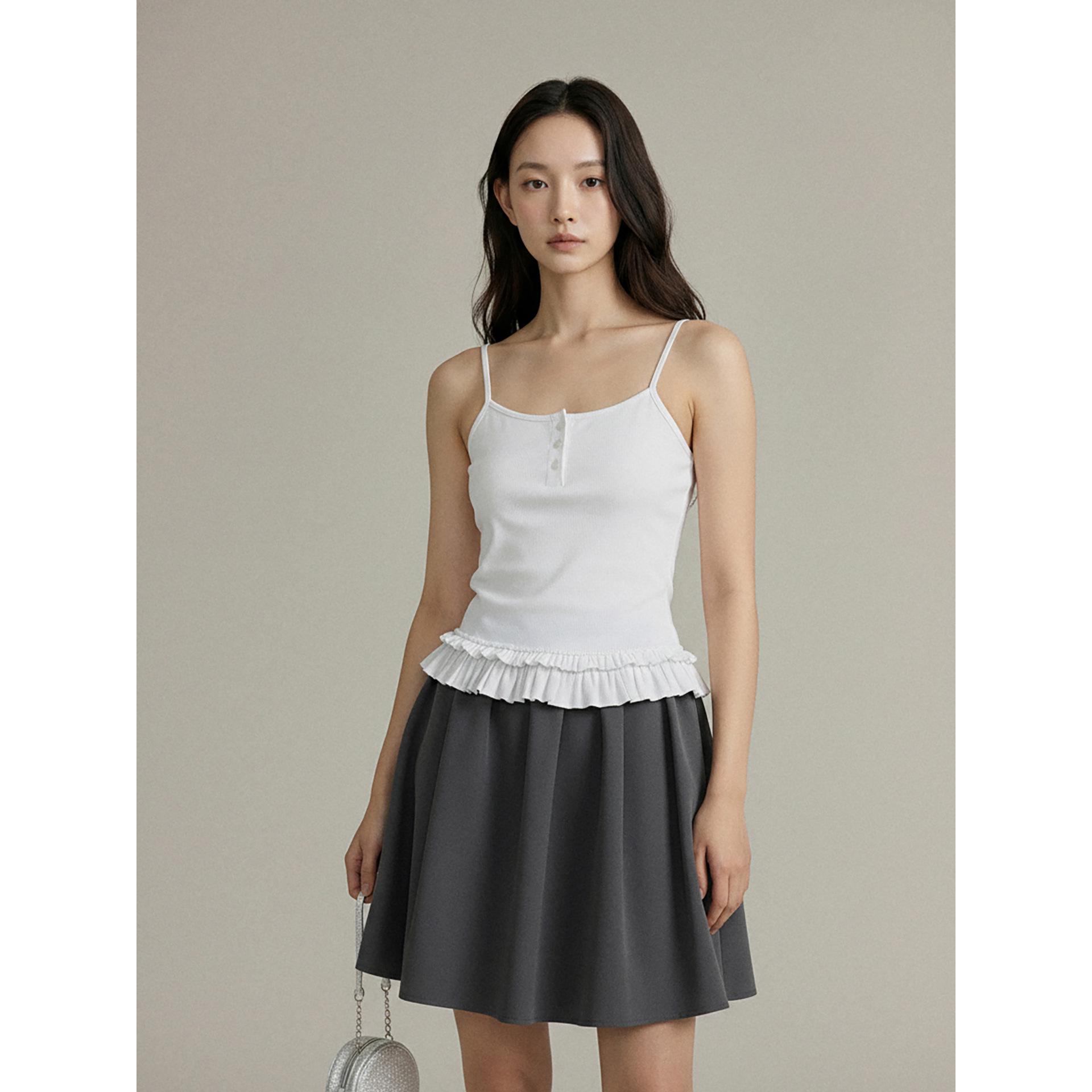 Ge Ming Retro Lace Ruffle Pleated Camisole for Women - Spring Layering Top Y2850F Large (105-120 cm)