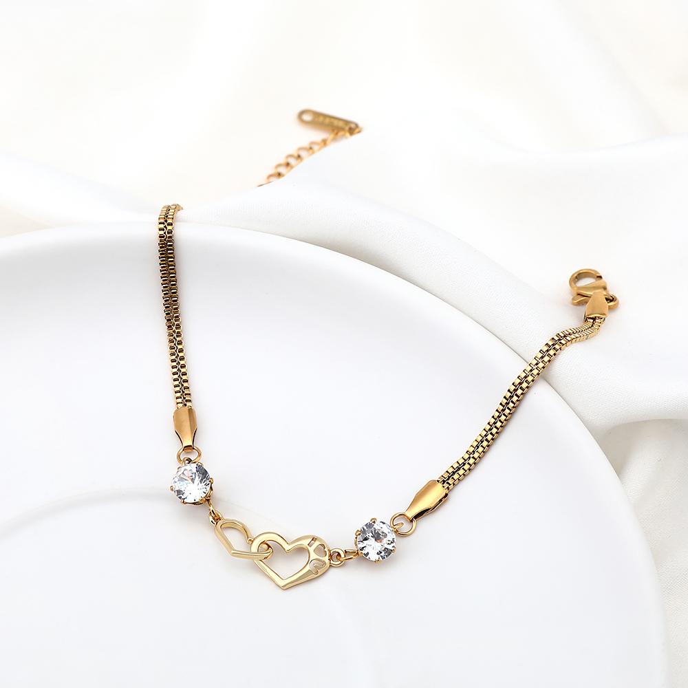 Cute Romantic Double Heart Rhinestone Stainless Steel Snake Chain Bracelet for Women Elegant Anniversary Party Gift Jewelry