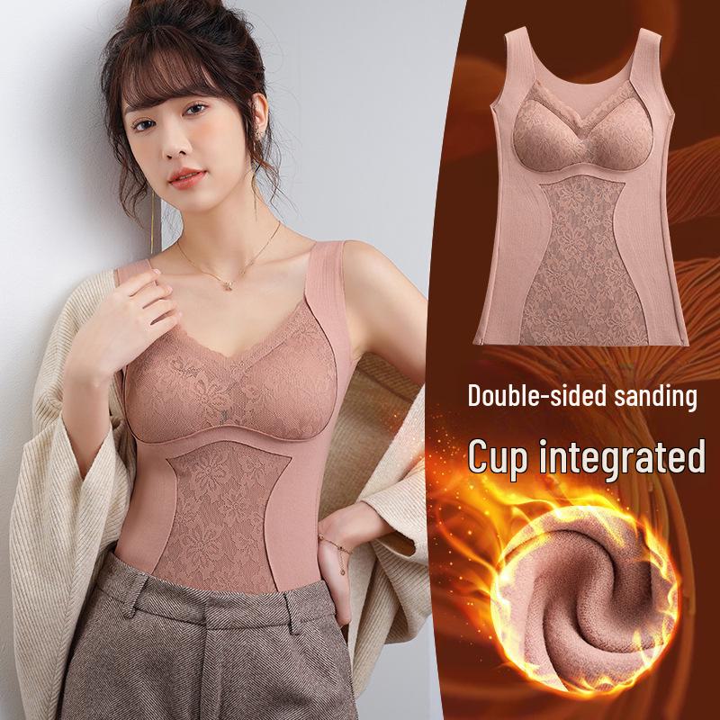 Ladies' Thermal Vest: Double-Sided Brushed Velvet, Seamless Lace, Chest Padding, Plus Size, Autumn/Winter Warmth