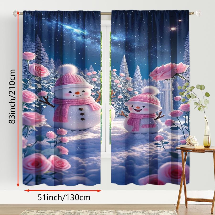 2PCS Pink Rose Snowman Curtains, Dreamy Winter Night Rose Garden Scene, Romantic Christmas Window Drapes for Bedroom Living Room