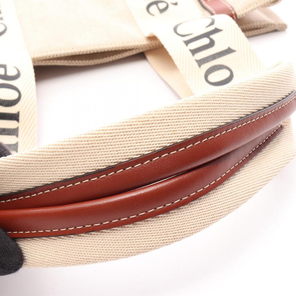 Used Chloe WOODY Medium Tote Tote Bag canvas leather Beige Brown Used Women