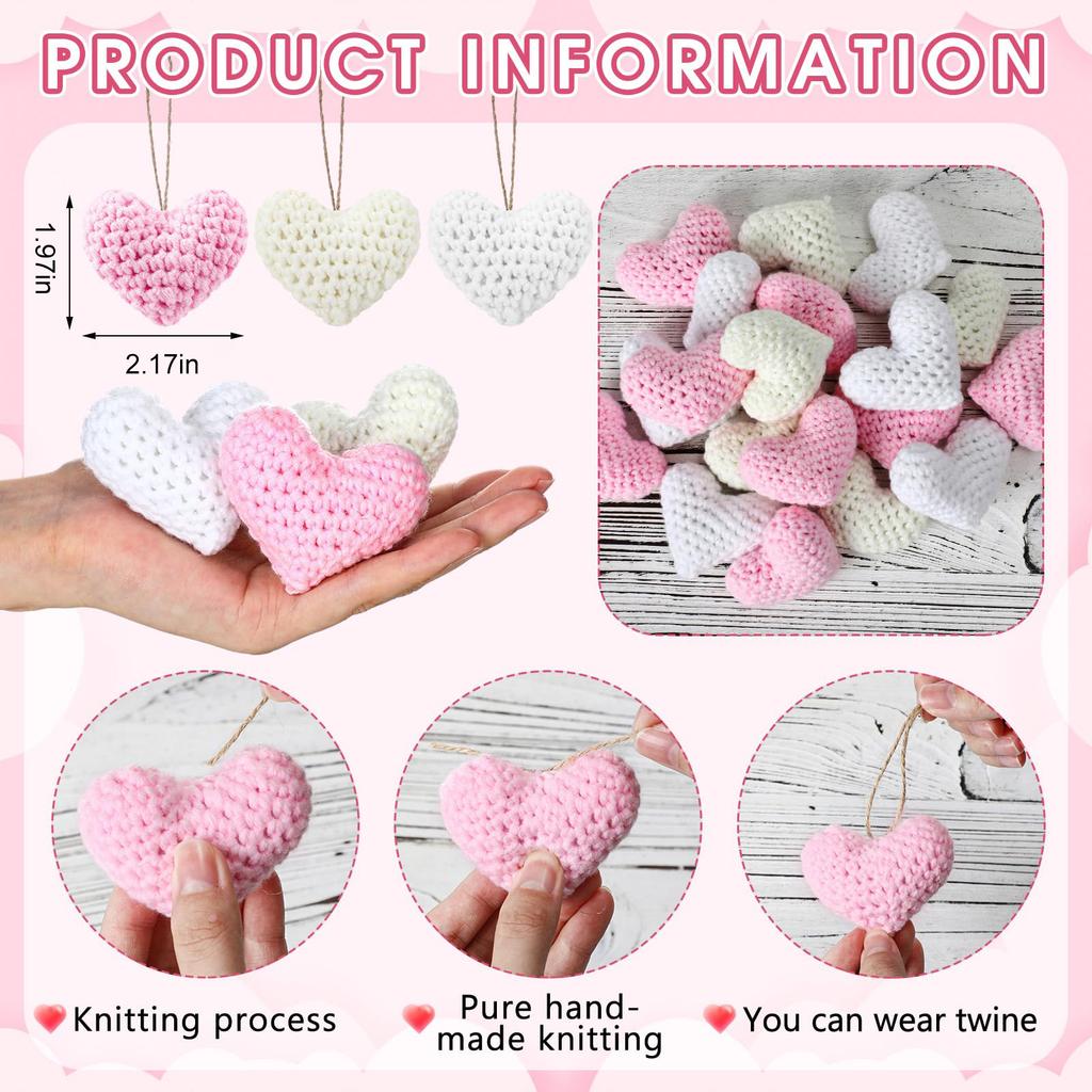 12Pcs Knitted Crochet Heart Tree Ornament Handmade Heart Tree Decoration for Home Christmas Tree Party Decor
