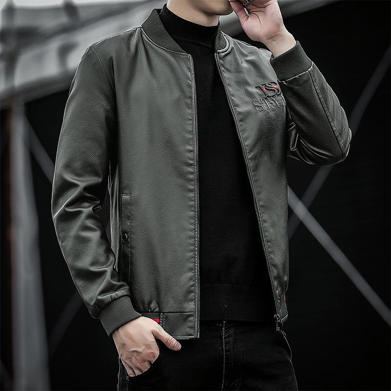 Herbst und Winter Neue Herren Slim Fit Lederjacke Baseball Kragen Dünne Fleece Jugend Motorrad Herren PU Jacke