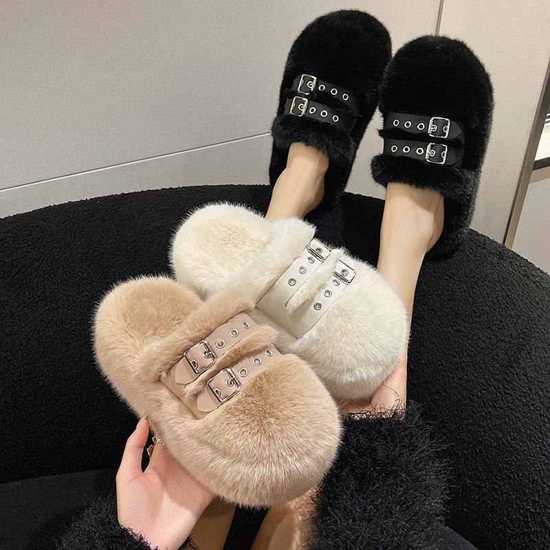 7 cm niche design thick-soled fluffy slippers for women to wear 2025 autumn and winter new bag head plush cotton shoes
