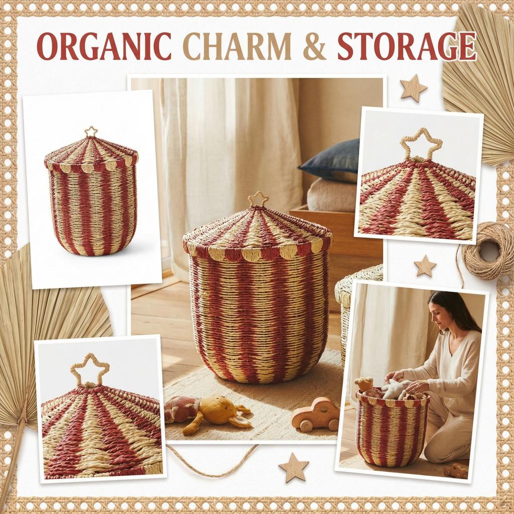 Wicker Striped Storage Basket Laundry Basket Woven Basket Household Childrens Room Toy Organizing And Storage Box