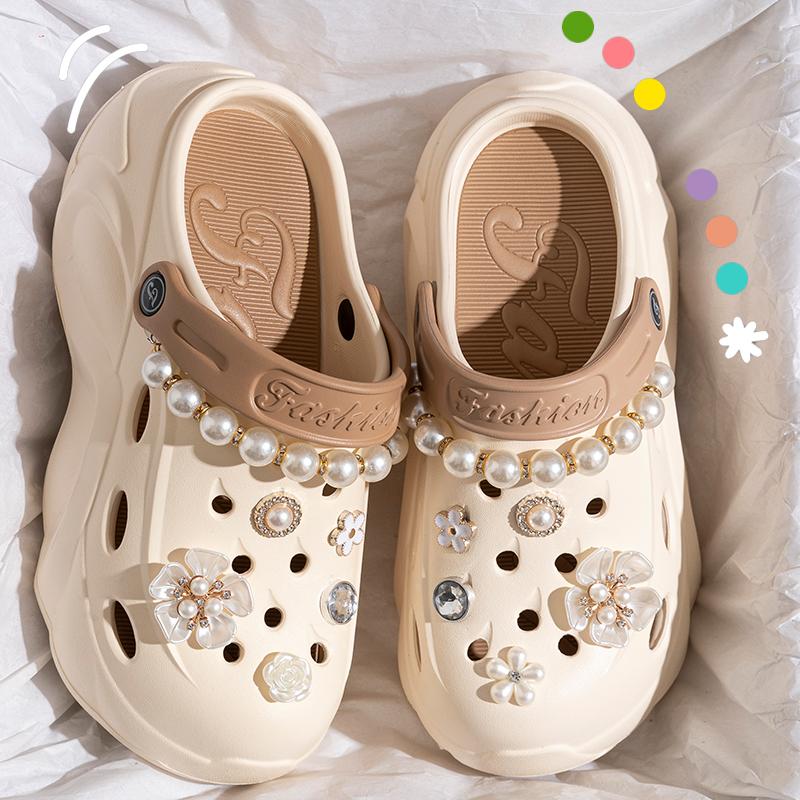 Сандалии на толстой платформе с жемчужной цепочкой для женщин летние пляжные сандалии с толстой подошвой женские нескользящие сабо из ЭВА с цветами садовая обувь 36-37 хаки 2150₽