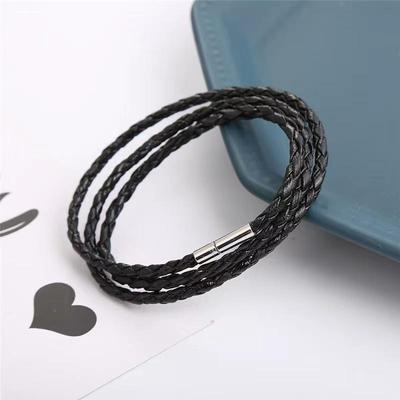 Herren Schwarzes Geflochtenes Doppelschicht-Lederarmband mit Titanstahl-Highlights