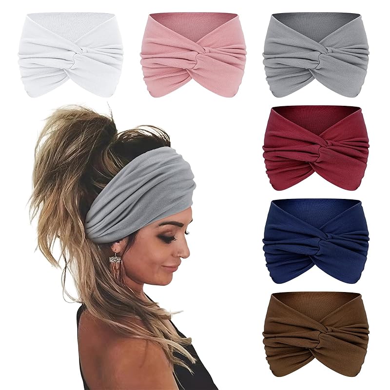 Wecoe Headbands for Women, 6pcs Fashion Knotted Headbands Wide Elastic Thick Turban Headbands for Wigs African Hair Head Wrap Sweat Headbands Workout
