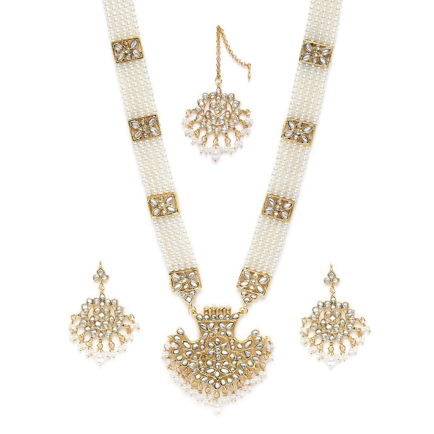 

Античний тон Довгий весільний набір з кунданом та перлами: намисто, сережки та маангтікка для жінок