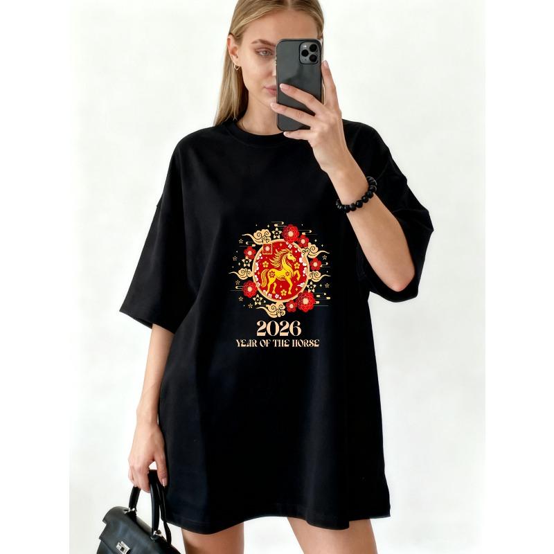 Oversized T Shirt Black 2026 Year Of The Horse Chinese New Year Design For Casual Wear And Festive Celebrations