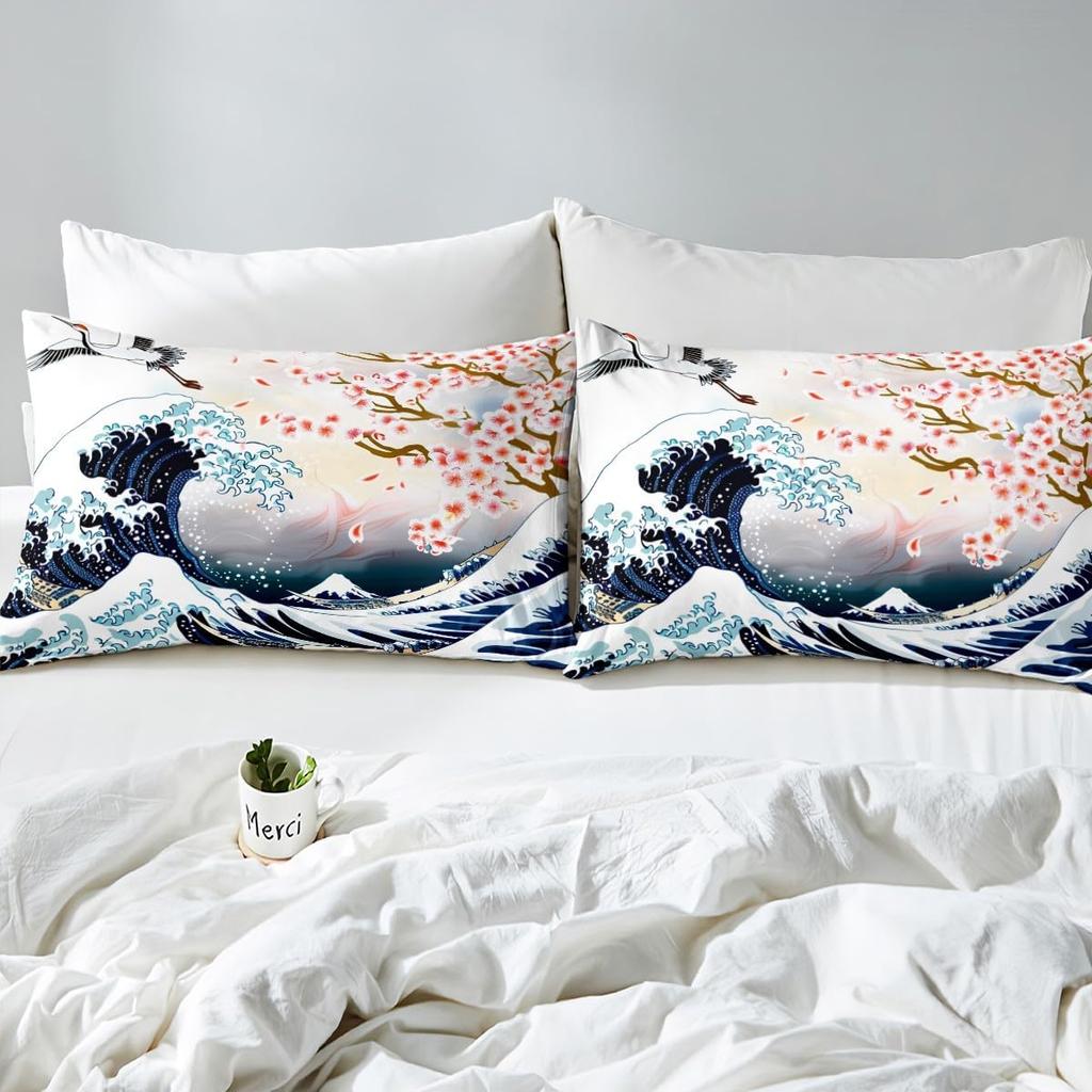 Feelyou Cherry Blossoms Bedding Set Chic Crane Duvet Cover for Kids Girls Women Ocean Wave Decor Comforter Cover Pink Japanese Ukiyoe Theme
