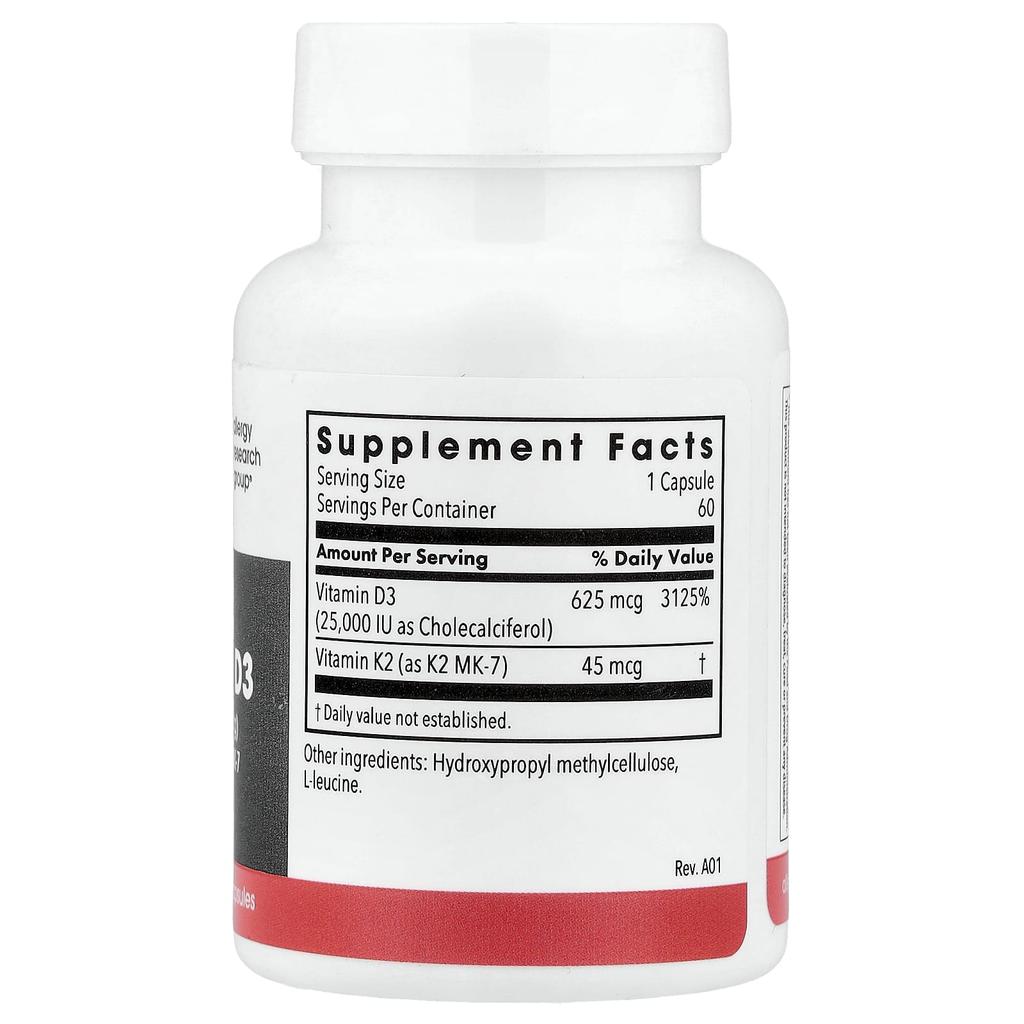 Vitamin D-3 with Vitamin K2 Mk-7, 25,000 Iu, 60 Capsules