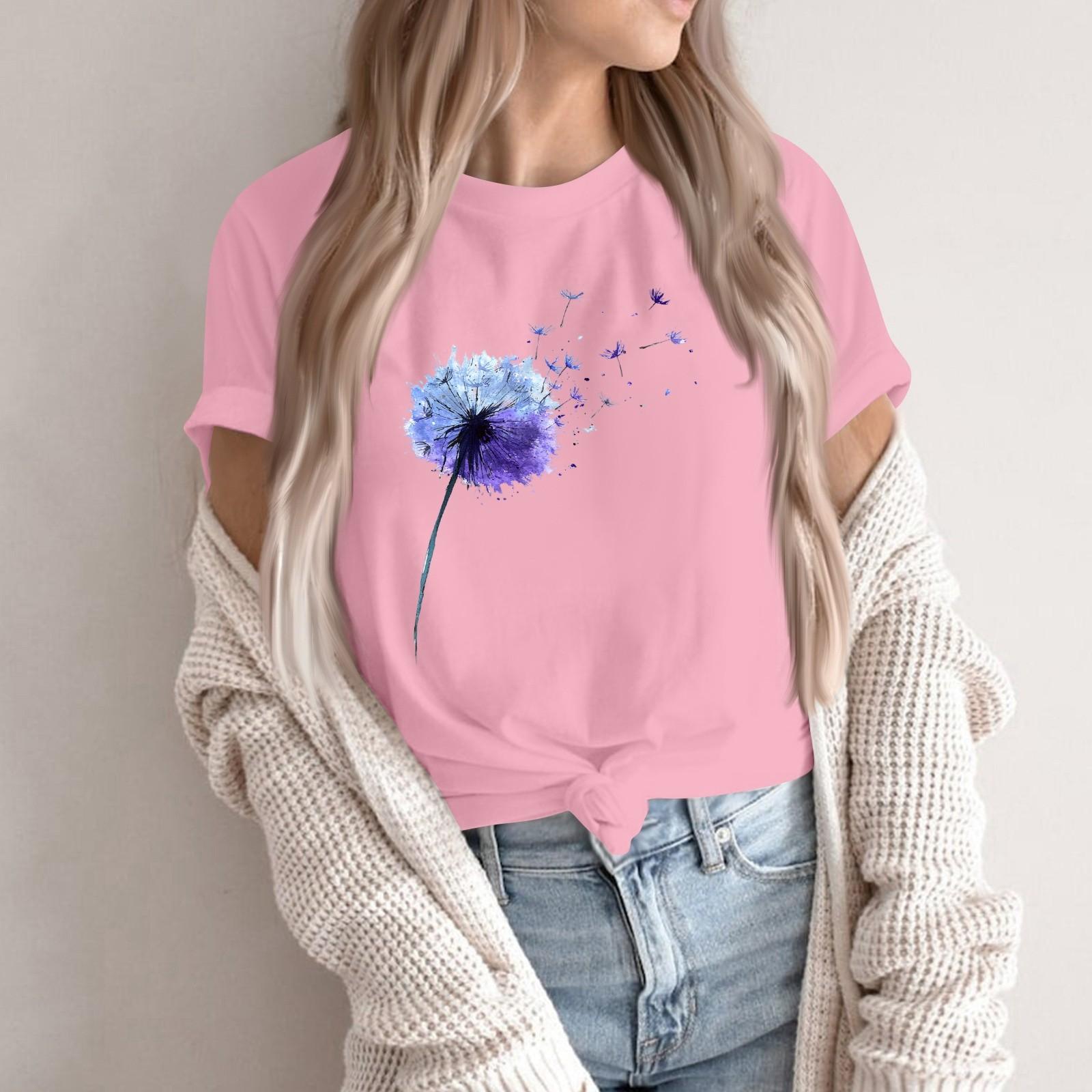 

Women s Fashion Casual Printed Round Neck Short Sleeved Pullover T-Shirt Top M рожевий