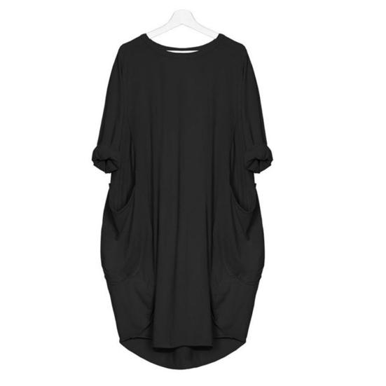 Women Casual Solid Color O Neck Long Sleeve Pockets Knee-length Baggy Dress