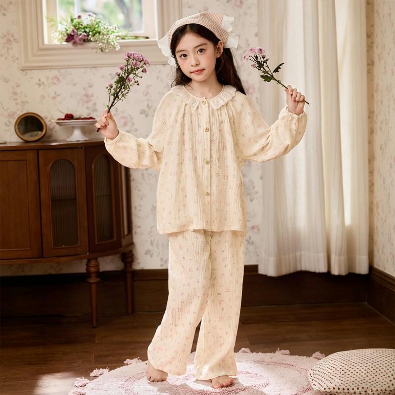 Cotton Gauze Kids Pajama Set Girls Long Sleeve Floral Print Sleepwear Comfortable Home Outfit
