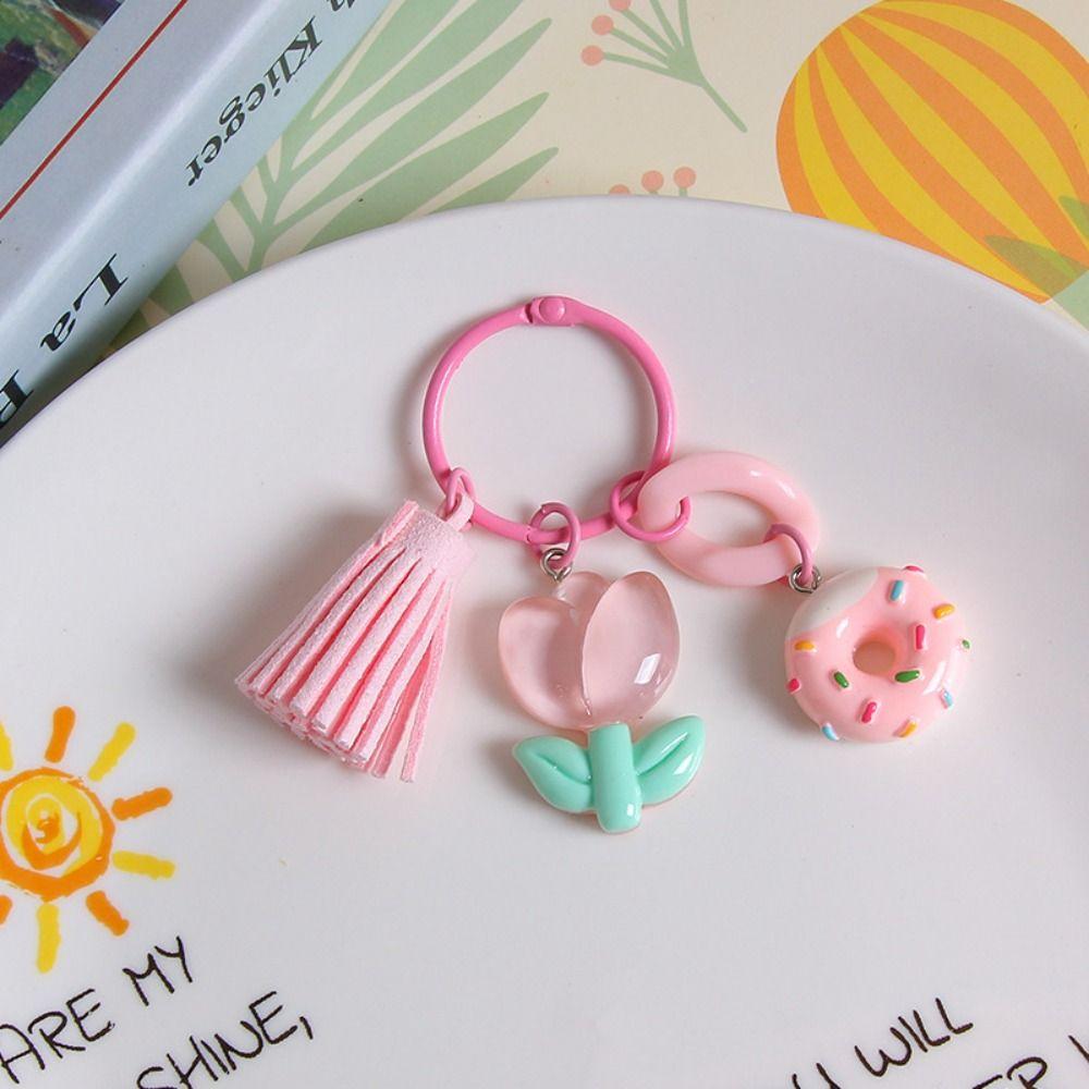With Tassel Tulip Flower Keychain Young Girl's Heart Sweet Resin Tulip Keyring   Earphone Case
