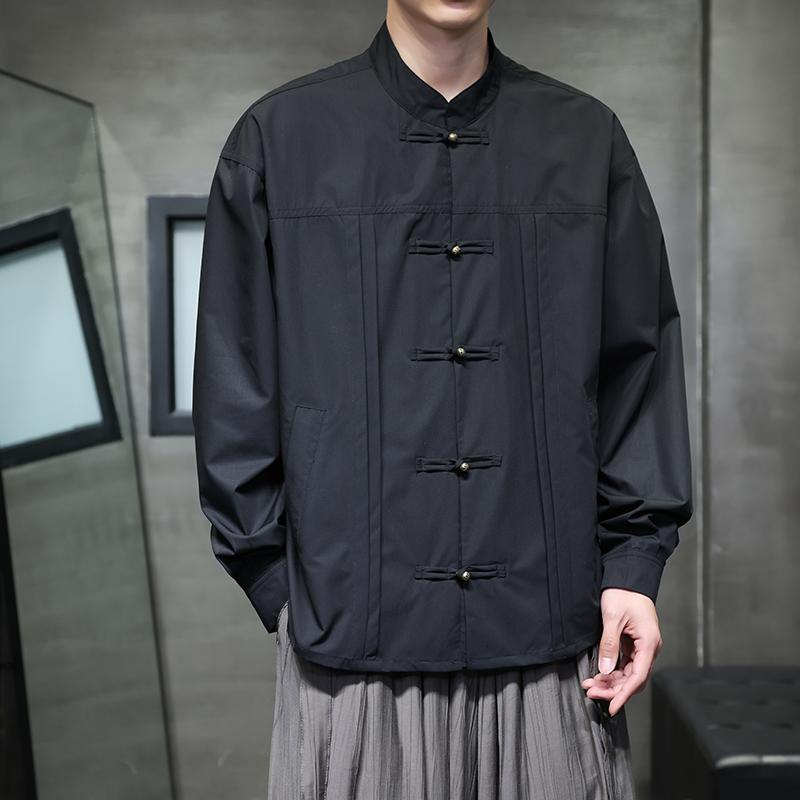 

Осенняя мужская рубашка с воротником-стойкой, рубашки оверсайз, мужская рубашка с длинным рукавом в китайском стиле, формальные черно-белые повседневные ретро топы L чёрный