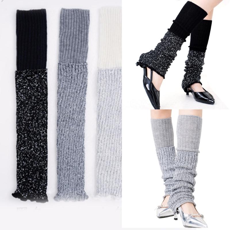 Womens Vintage Ribbed Knit Stretch Long Leg Warmer Party Dance Glitter Sequins Patchwork Solid Boot Socks Leg Cover