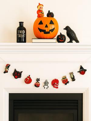 1 Stück Halloween-Girlande Banner, Vintage Kürbis, Schwarze Katze, Skelett & Totenkopf Formen, Wandbehang Dekoration für Hausparty & Kamin