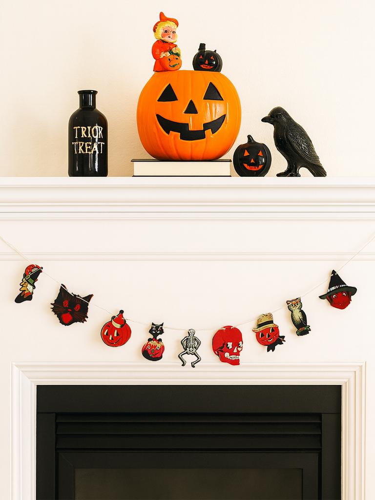 1 Stück Halloween-Girlande Banner, Vintage Kürbis, Schwarze Katze, Skelett & Totenkopf Formen, Wandbehang Dekoration für Hausparty & Kamin