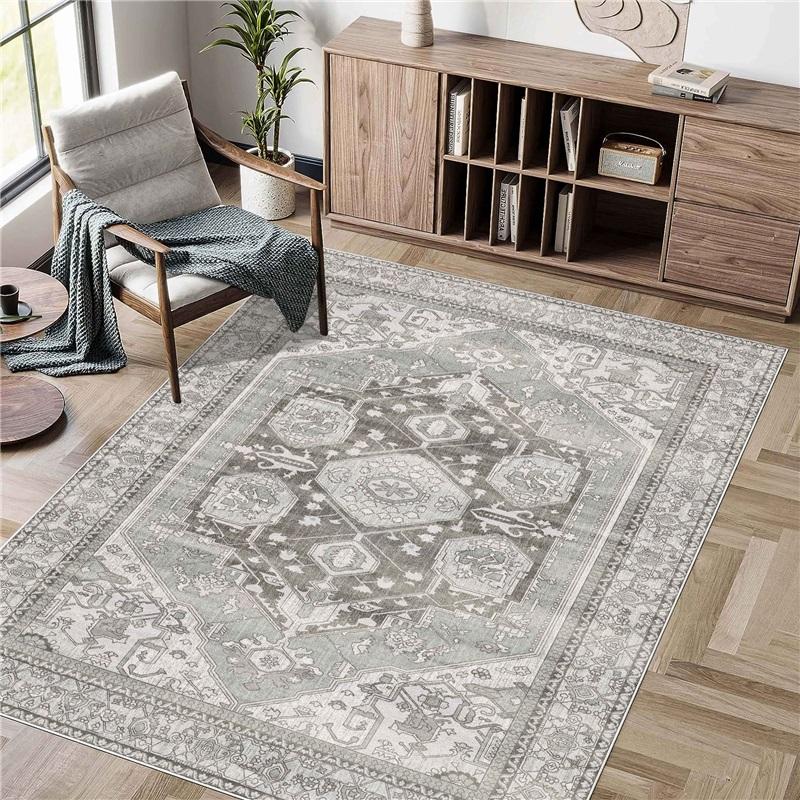 Bohemian Vintage Area Rug Washable Soft Ethnic Style Floor Carpet Non‑Slip Decor Rug for Living Room Bedroom Kitchen Home