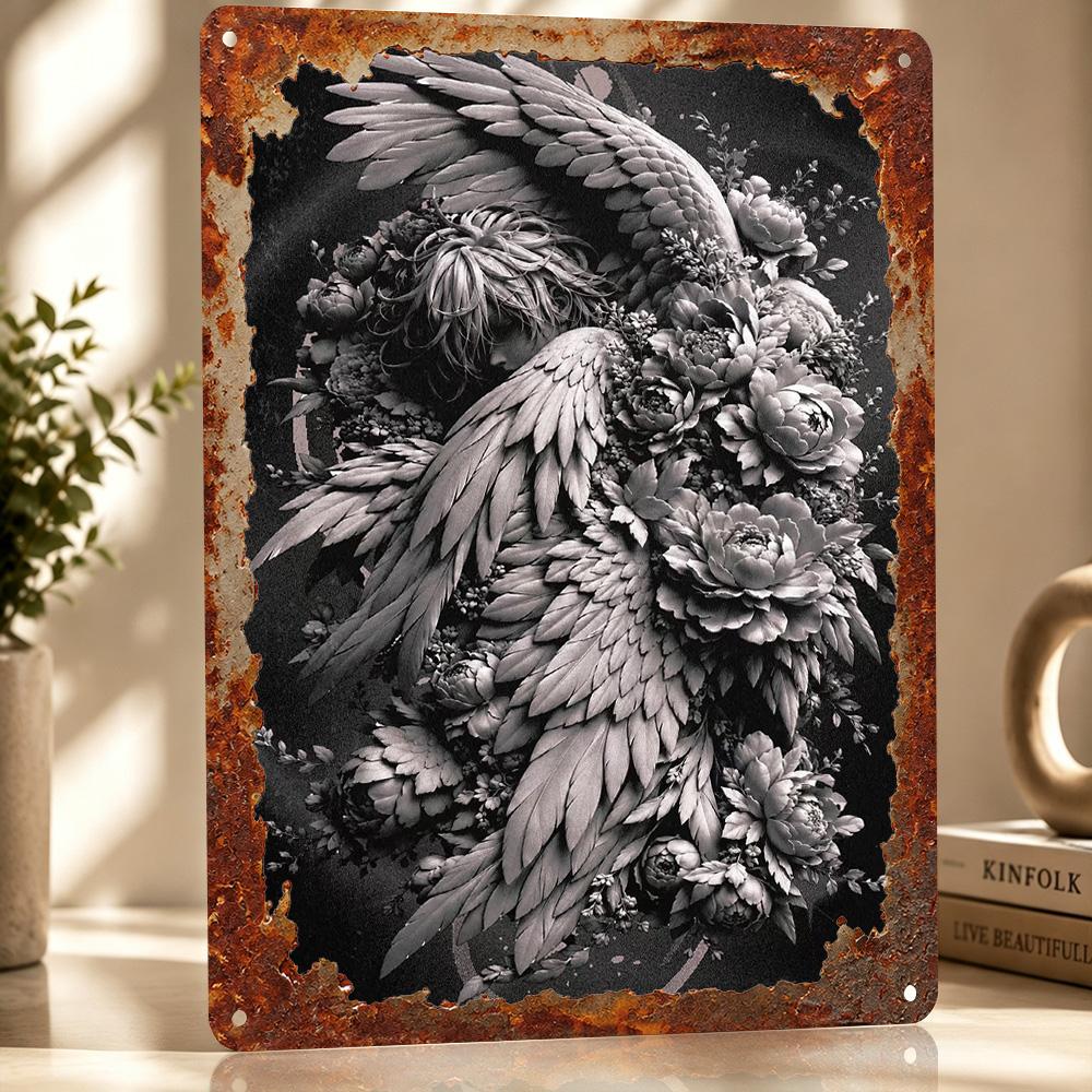 Angel Embraced By Floral Bloom D Texture Metal Poster Customized Wall Art Tin Sign Gift for Mancave Garage Accessories Room Bar