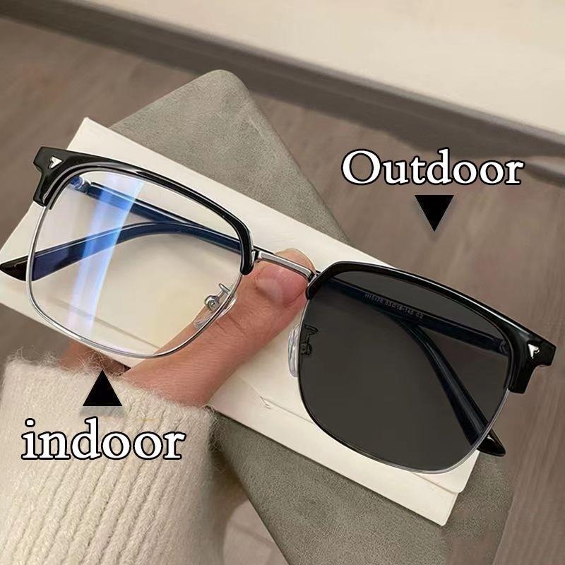 Pochromic Anti Radiation Blue Light Eyeglasses Square Metal Frame Computer Glasses for Women Men Replaceable Lens