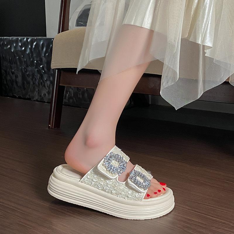 Fashion Thick Soled 2025 Summer New Casual Square Buckle Water Diamond Double Strap One Line Slipper for External Wear, Sandals