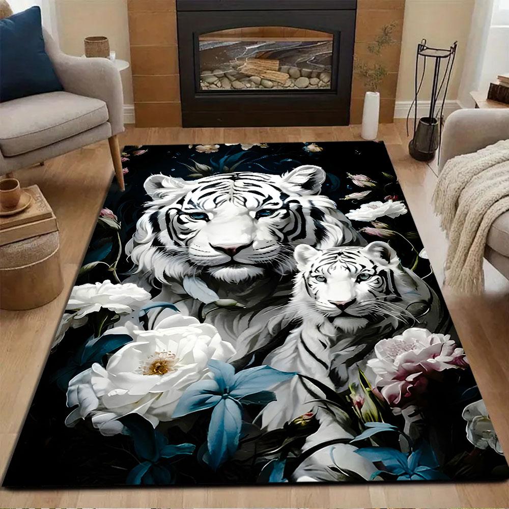 White Tiger Duo Amid Flowers Patterned carpet, non slip mat suitable for living room and bedroom sofas
