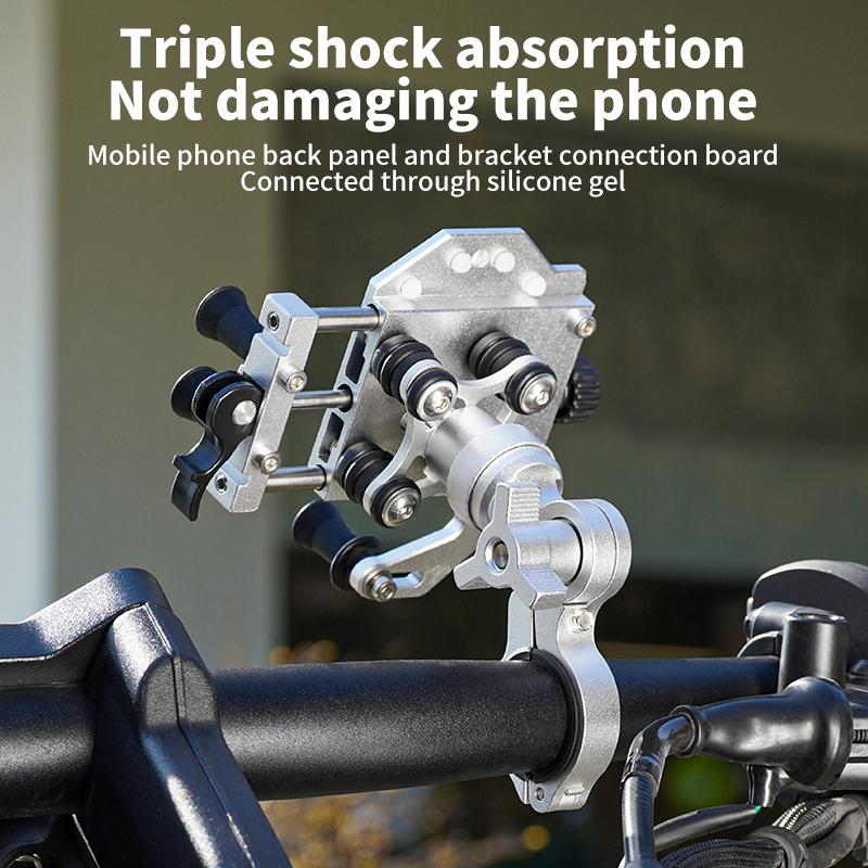 Outdoor aluminum alloy mobile phone holder 360 °+180 ° rotating motorcycle navigation phone shock-absorbing riding accessories